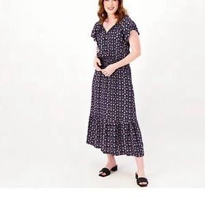 Sz Large Destination 365 Black Printed Short Sleeve Midi Dress With Smocking